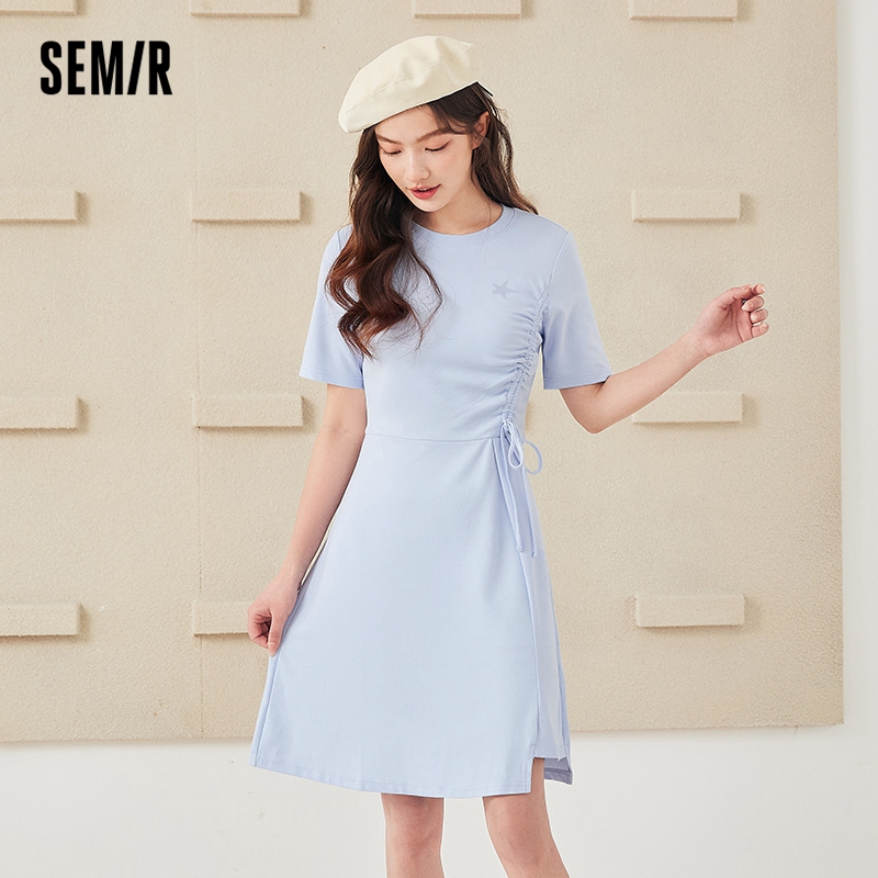 目目 four SEMIR Dress Women Careful Machine Design Sense Self-Cultivation 2022 Summer New Drawstring Sweet Embroidery Knitted Dresses