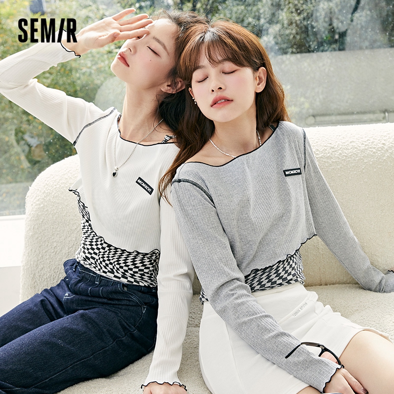 目目 three Semir T-Shirt Women Short Long-Sleeved Pullover Checkerboard Sweet And Cool 2022 Spring New Slim Two-Piece Design Sense