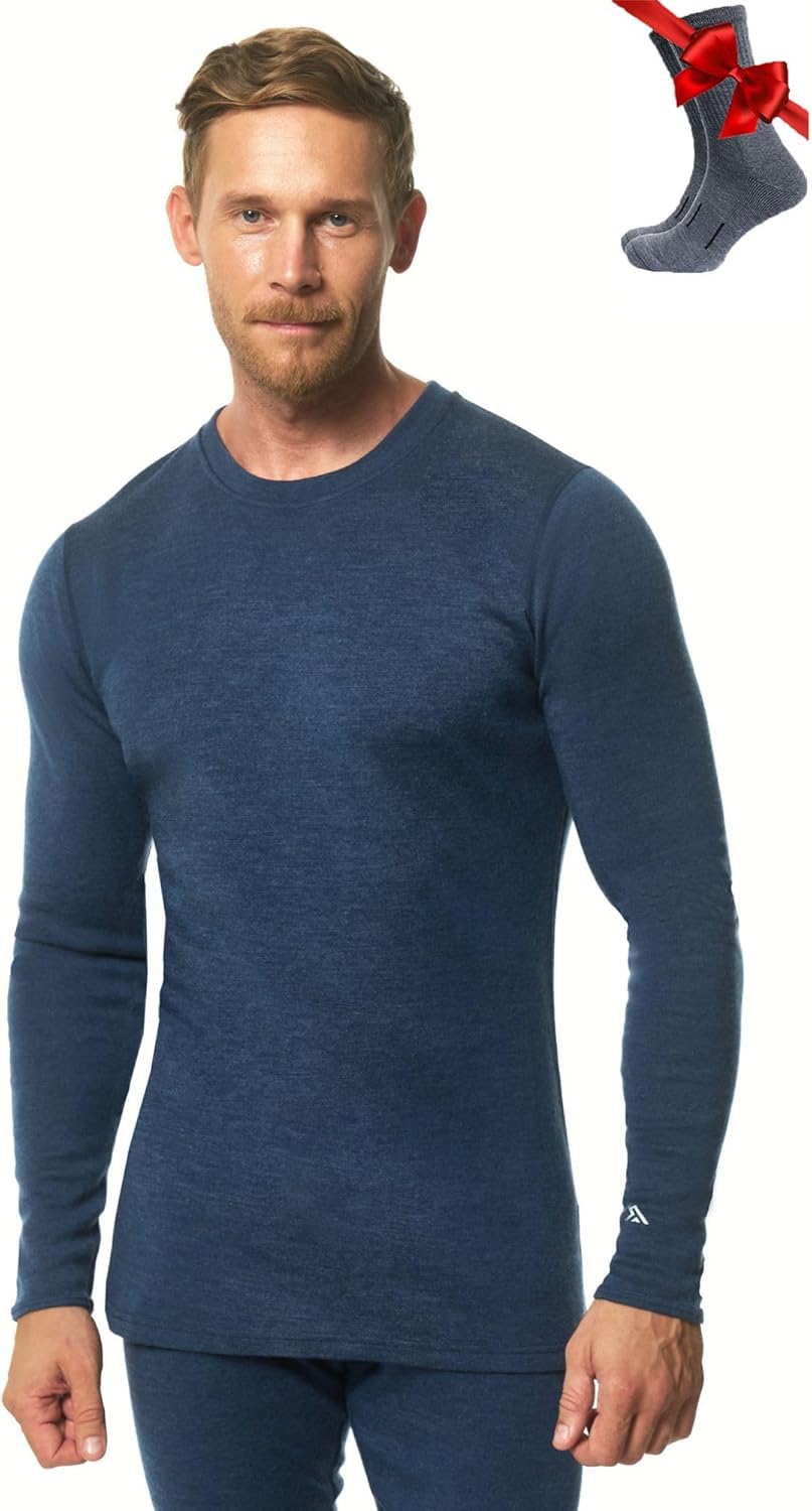 Merino.tech Merino Wool Base Layer - Mens 100% Merino Wool Long Sleeve Thermal Shirts Heavyweight, Midweight, Lite with Socks